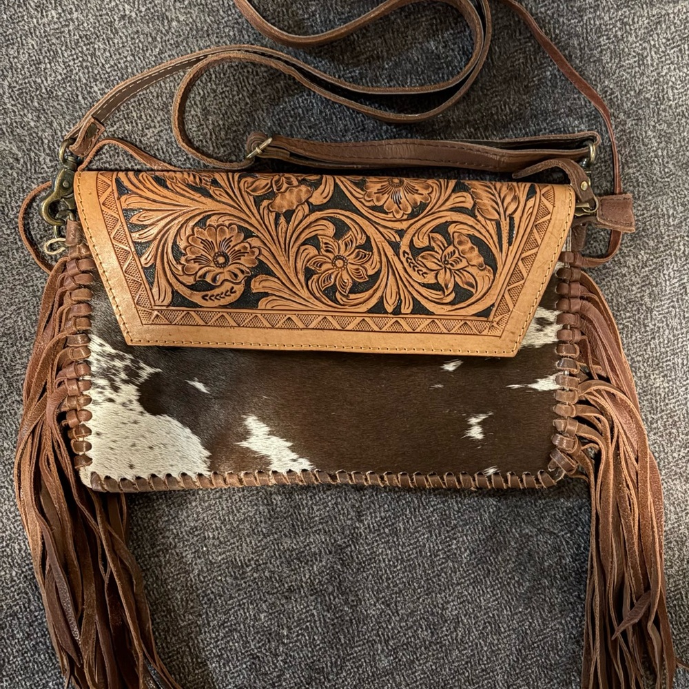 Brown Leather and Cowhide Fringe Bag